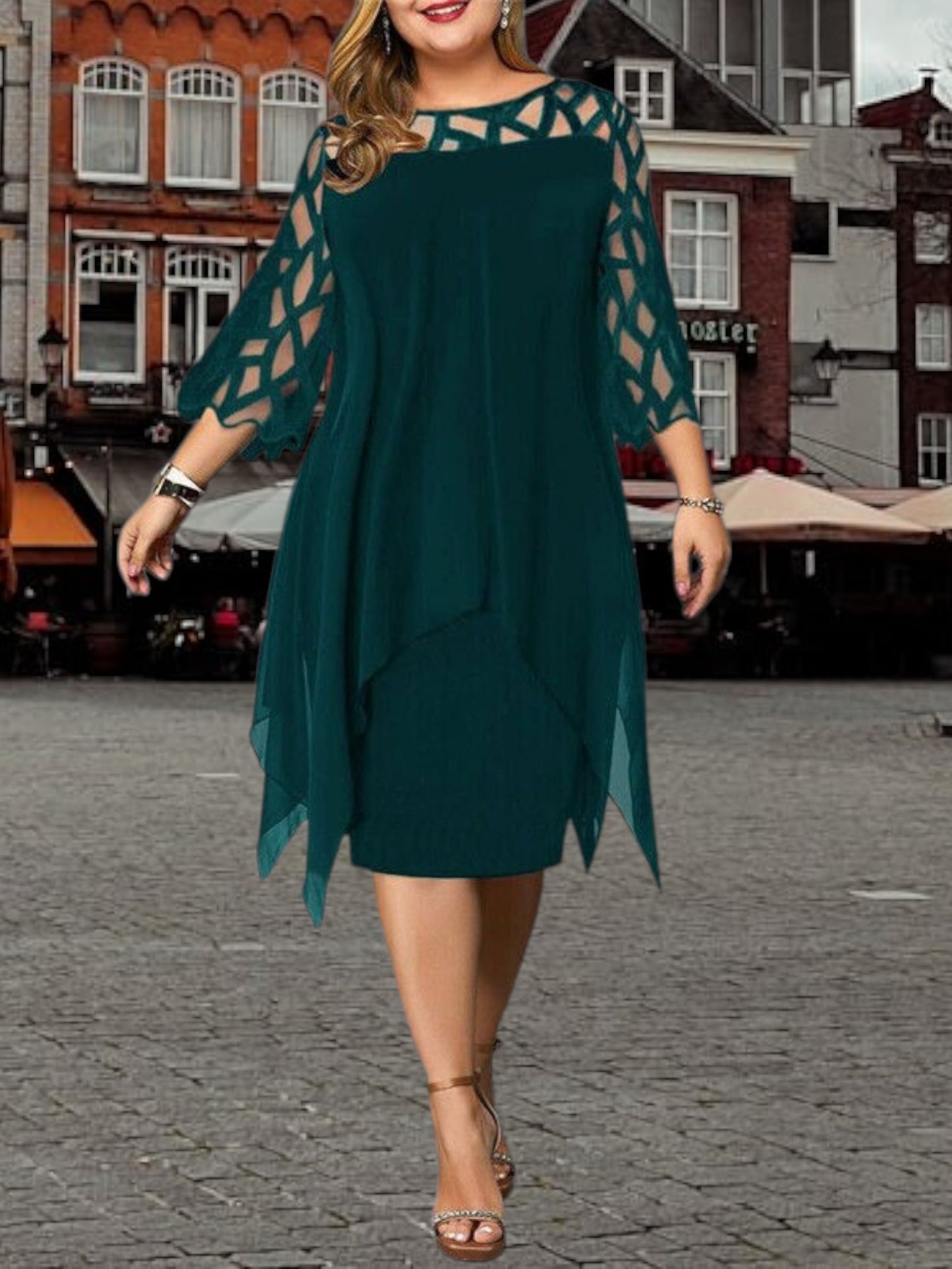 Freja | Chic Plus Size Midi Dress in Soft Fabric with Relaxed Fit and Short Sleeves | Green
