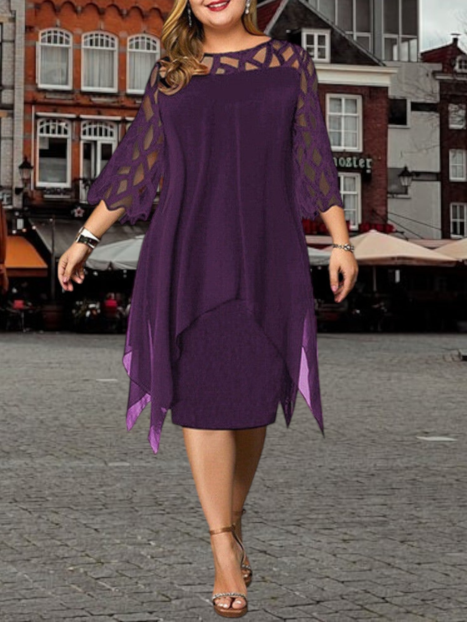 Freja | Chic Plus Size Midi Dress in Soft Fabric with Relaxed Fit and Short Sleeves | Purple