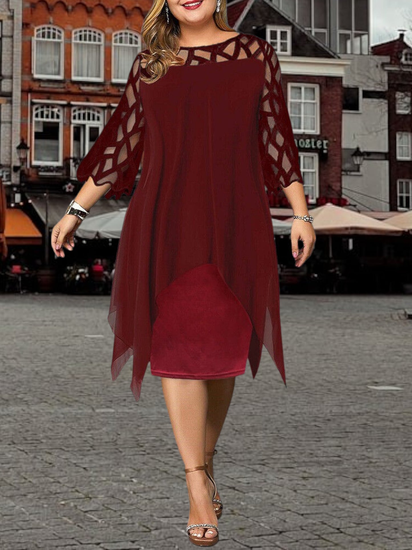 Freja | Chic Plus Size Midi Dress in Soft Fabric with Relaxed Fit and Short Sleeves | Red wine