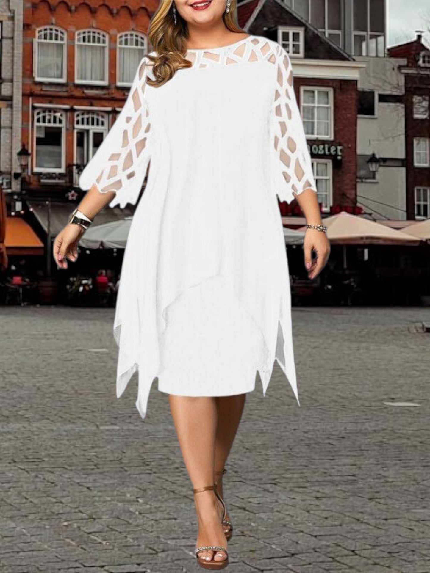 Freja | Chic Plus Size Midi Dress in Soft Fabric with Relaxed Fit and Short Sleeves | White