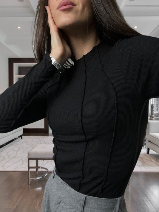 Hanna | Women's Figure-Hugging Long-Sleeved Shirt in Elegant Rib Design | Black