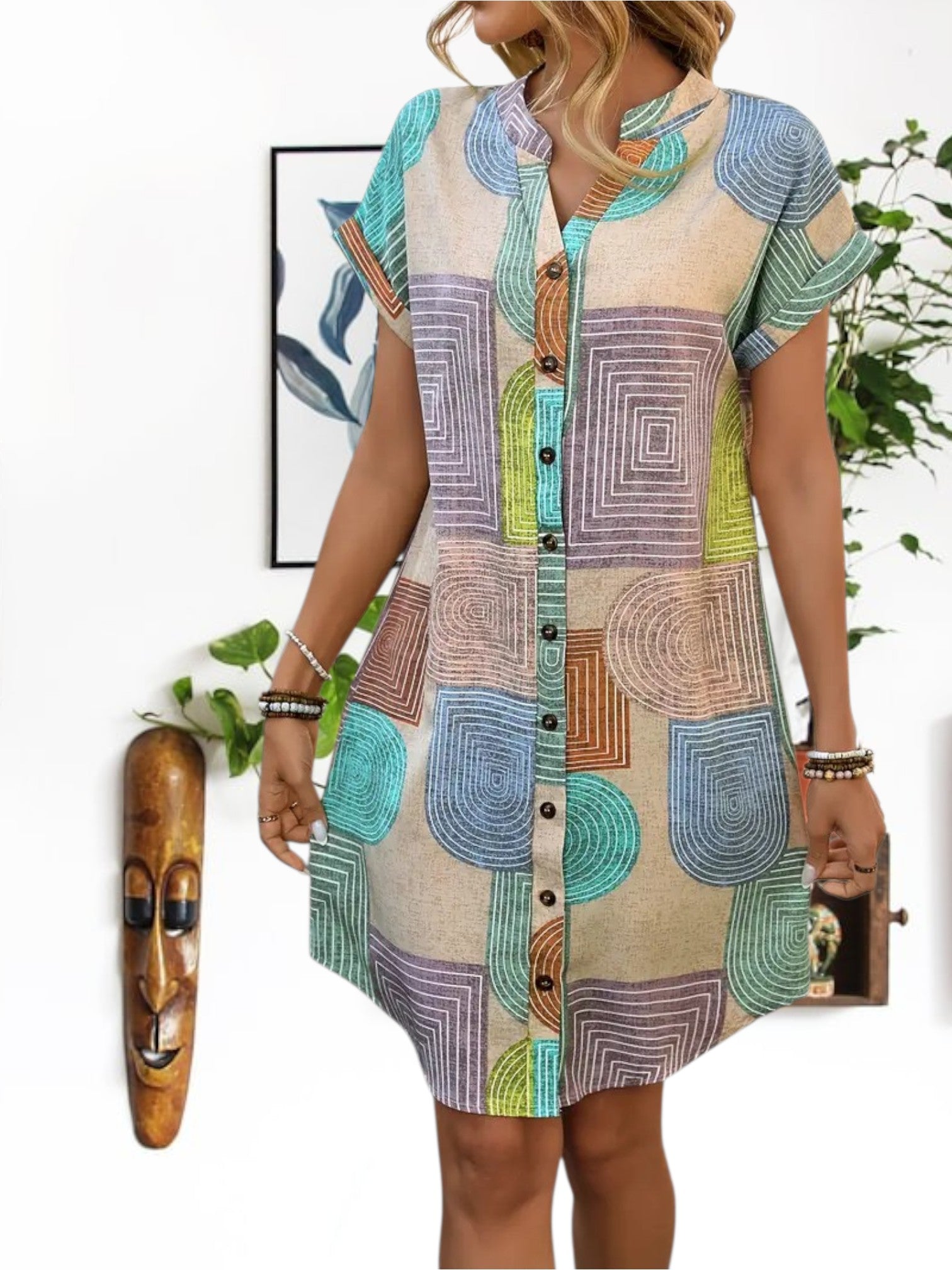 Helle | Elegant Women's Summer Dress with Geometric Print and Flattering Cut | Geometric 4