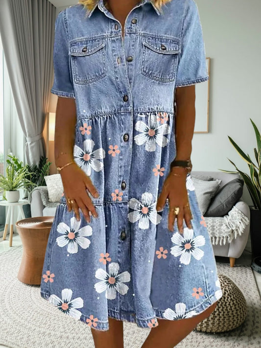 Helle | Women's Summer Boho Denim Dress with Floral Print and Button Closure | Blue
