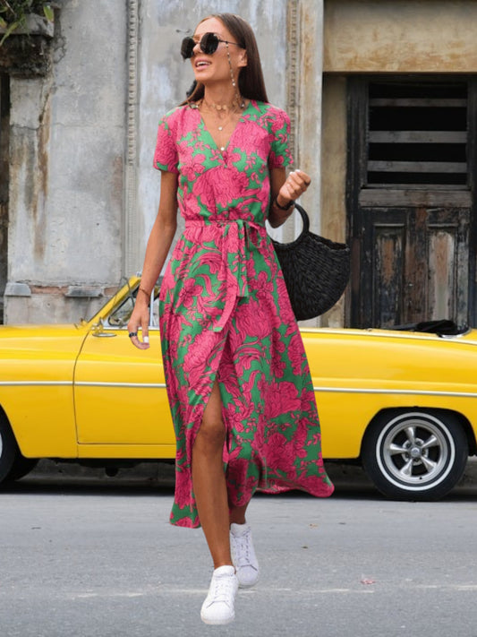Henriette | Elegant Women's Midi Waffle Dress in Premium Fabric, Sleeveless, Versatile Summer Style | Pink and green