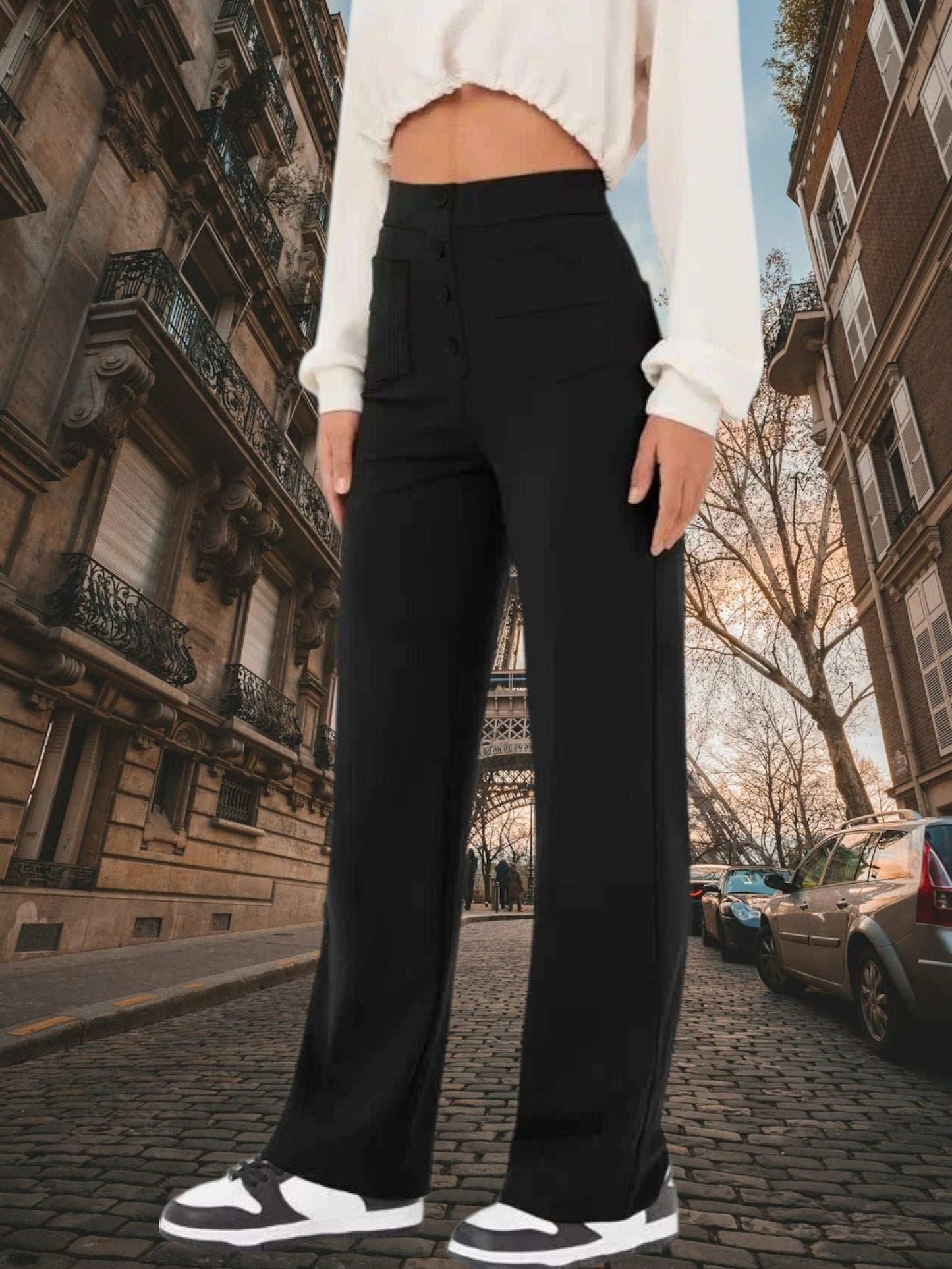 High-Waisted Wide Leg Palazzo Trousers with Button Detail and Relaxed Fit | Black