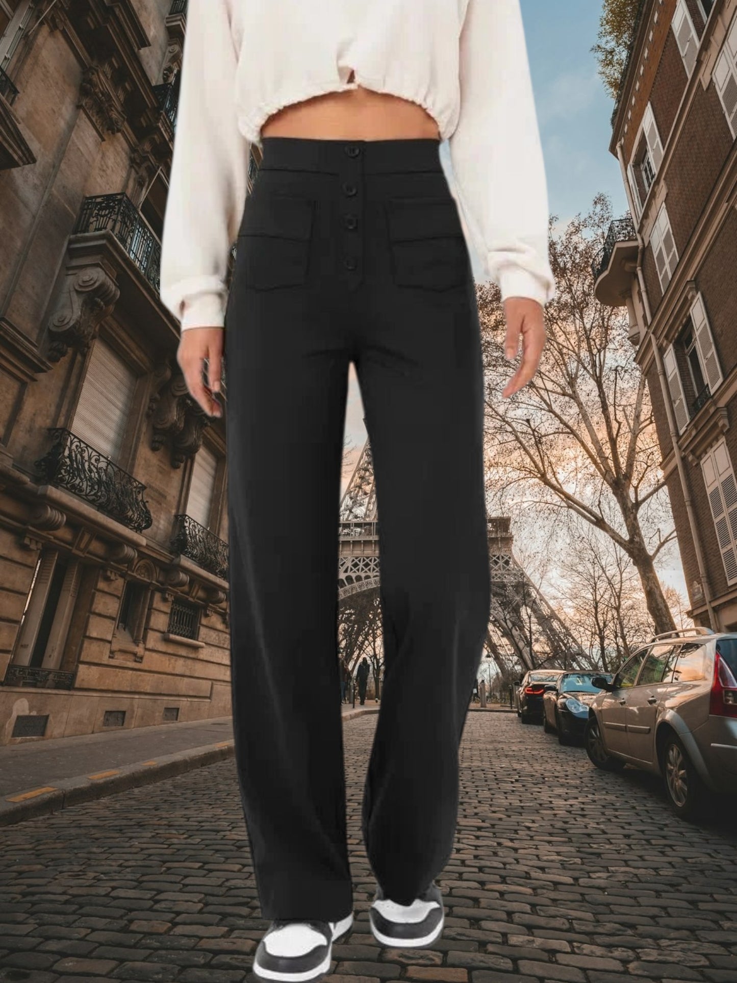 High-Waisted Wide Leg Palazzo Trousers with Button Detail and Relaxed Fit | Black 2