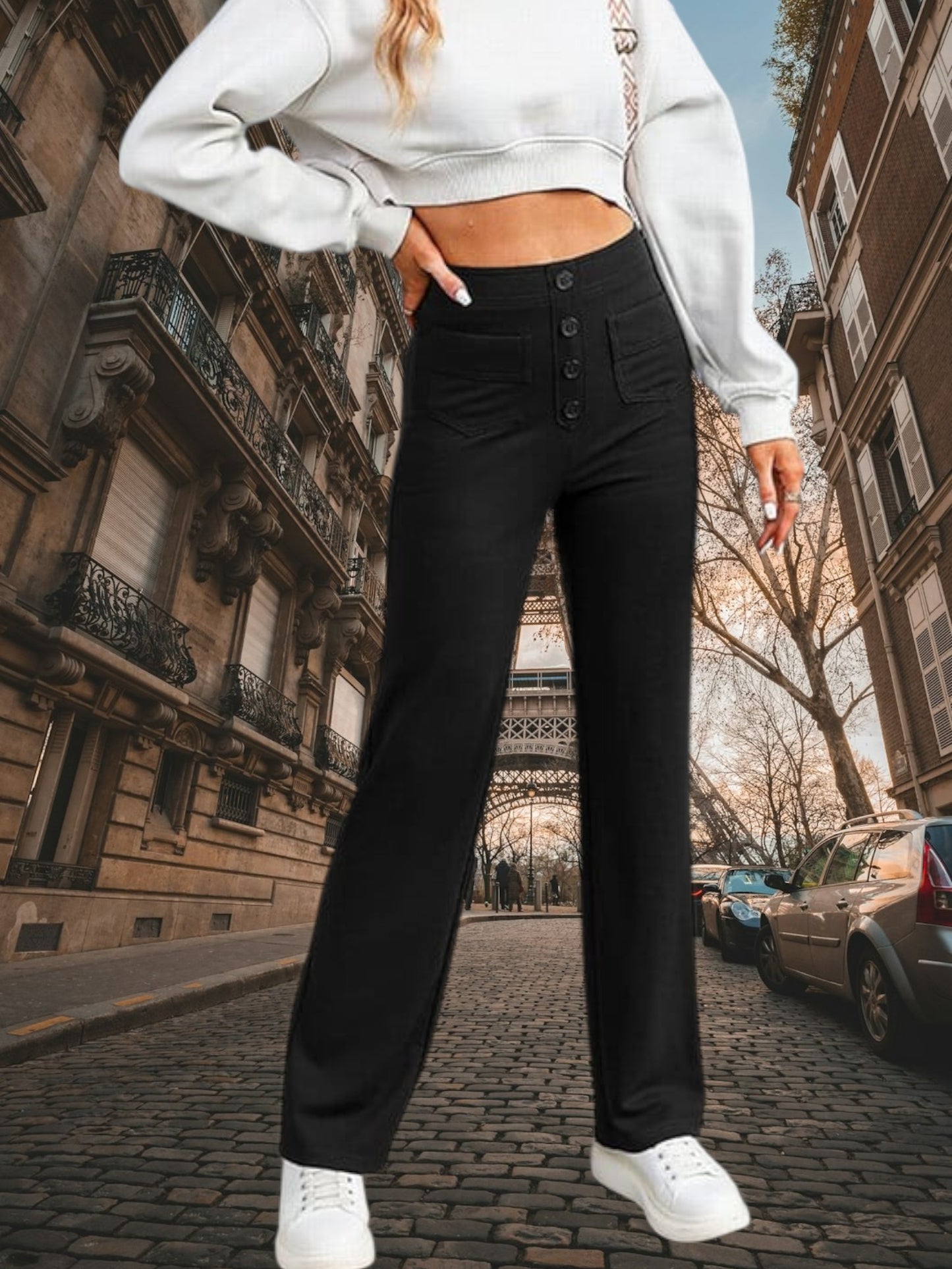 High-Waisted Wide Leg Palazzo Trousers with Button Detail and Relaxed Fit | Black 3