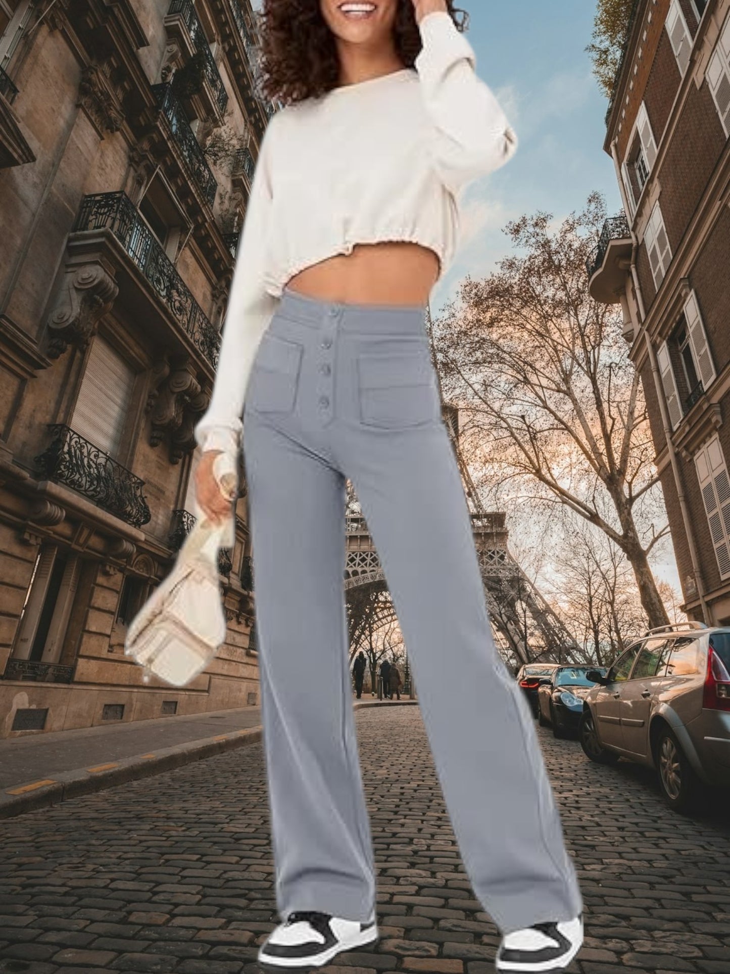 High-Waisted Wide Leg Palazzo Trousers with Button Detail and Relaxed Fit | Gray