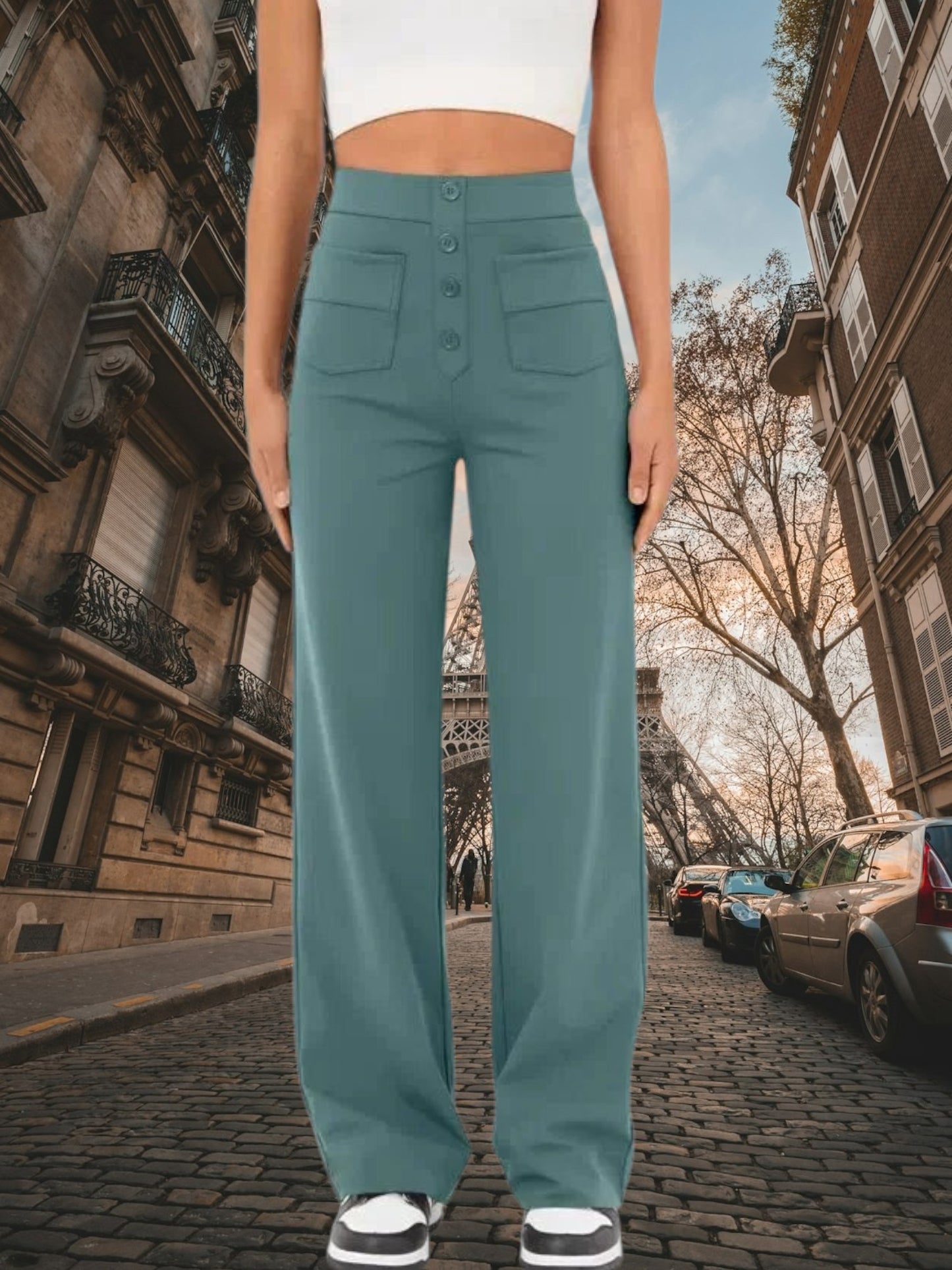 High-Waisted Wide Leg Palazzo Trousers with Button Detail and Relaxed Fit | Green