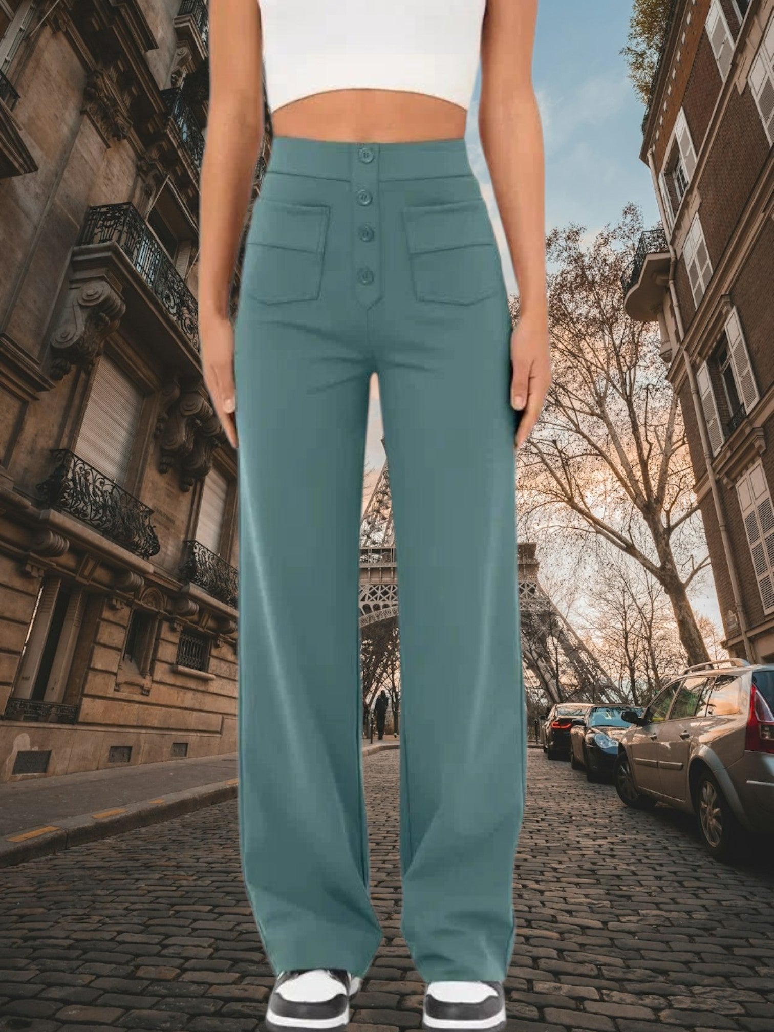 High-Waisted Wide Leg Palazzo Trousers with Button Detail and Relaxed Fit | Green