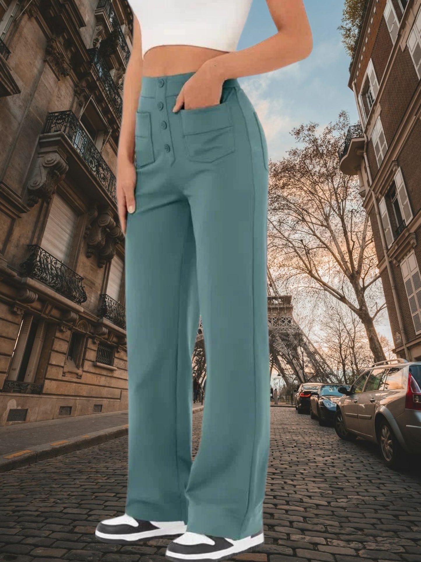 High-Waisted Wide Leg Palazzo Trousers with Button Detail and Relaxed Fit | Green 3