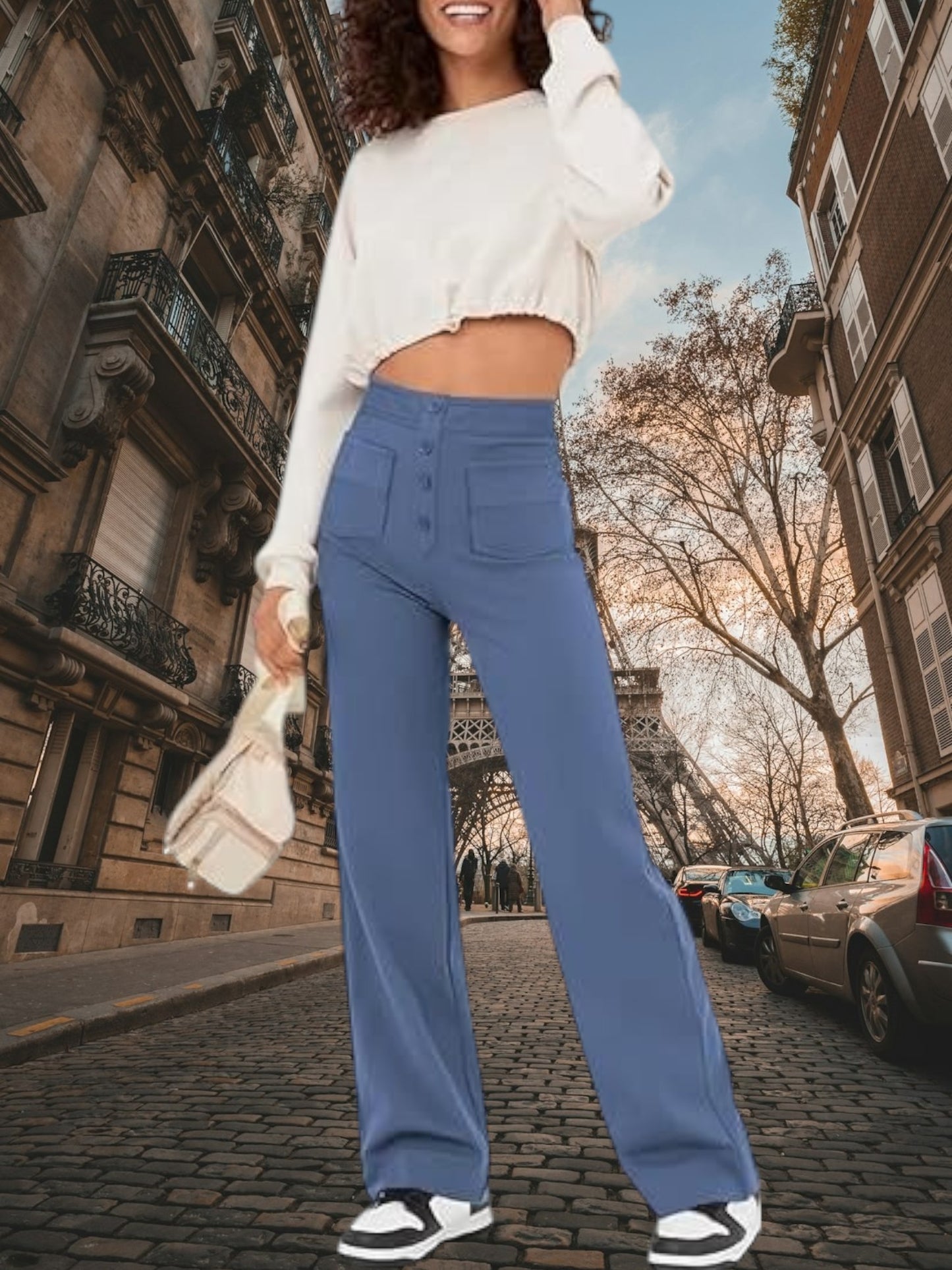High-Waisted Wide Leg Palazzo Trousers with Button Detail and Relaxed Fit | Light Blue