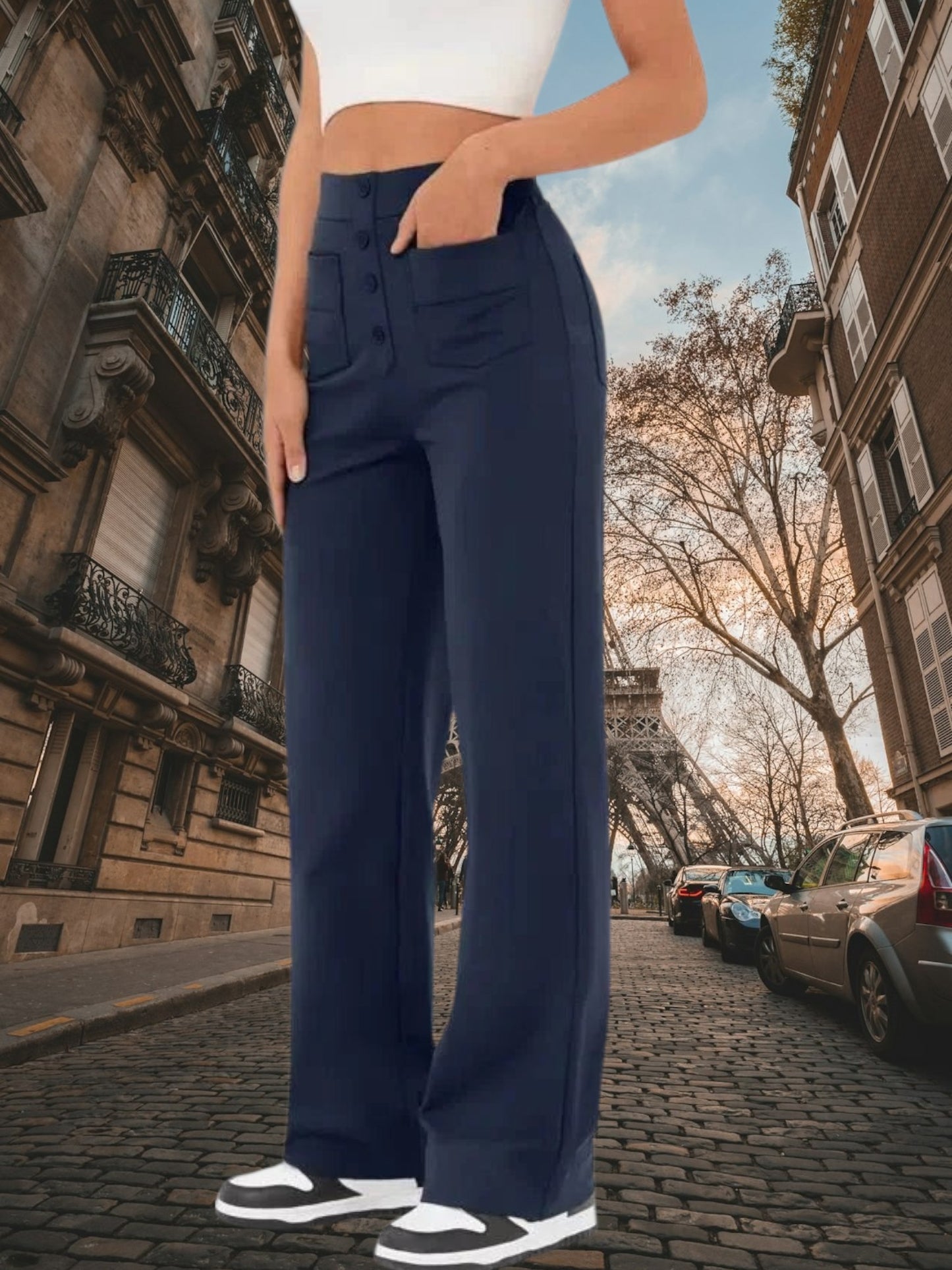High-Waisted Wide Leg Palazzo Trousers with Button Detail and Relaxed Fit | Navy Blue