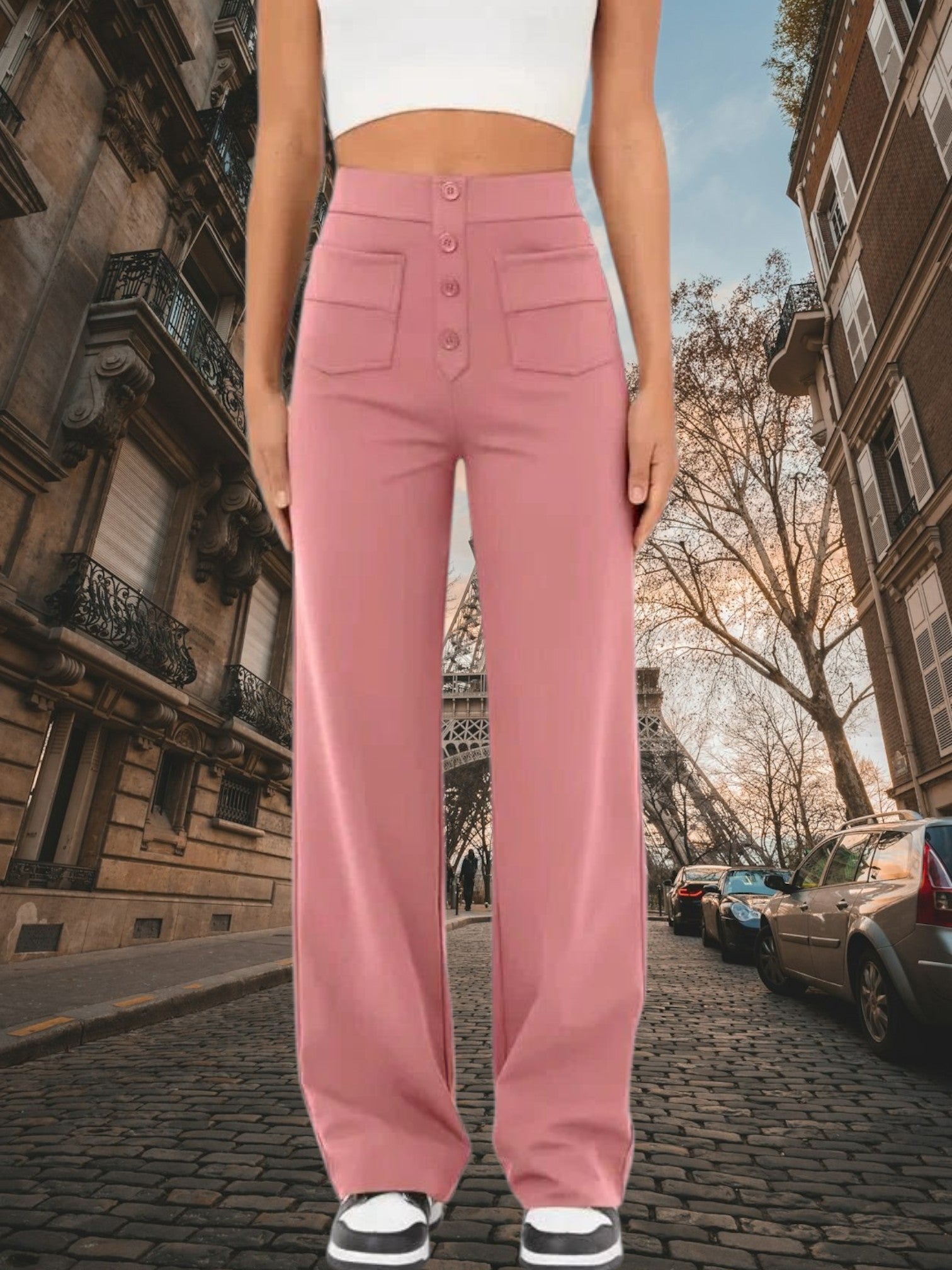 High-Waisted Wide Leg Palazzo Trousers with Button Detail and Relaxed Fit | Pink