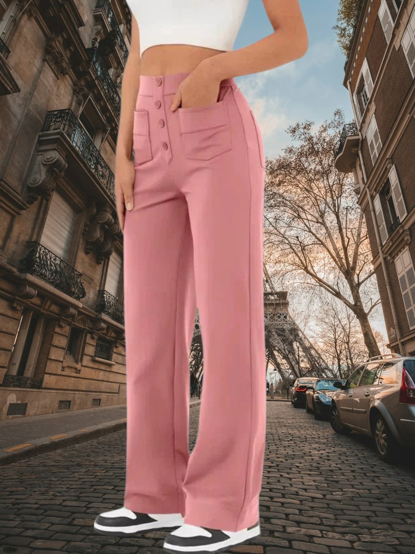 High-Waisted Wide Leg Palazzo Trousers with Button Detail and Relaxed Fit | Pink 2