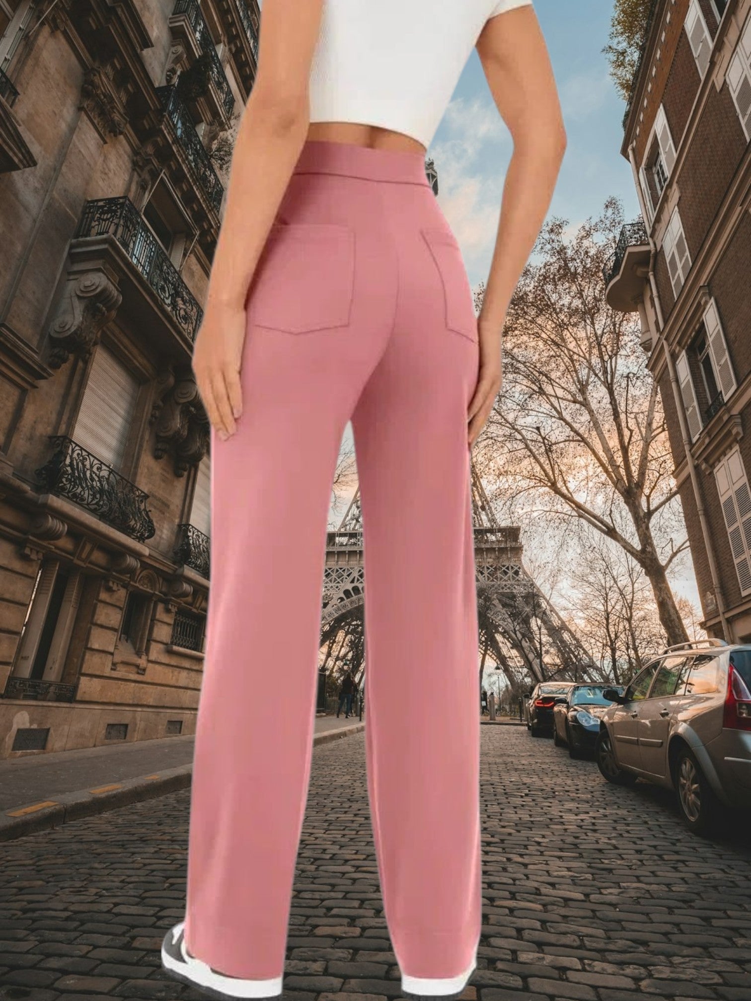 High-Waisted Wide Leg Palazzo Trousers with Button Detail and Relaxed Fit | Pink 3
