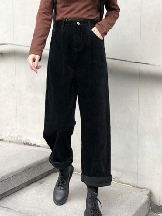 High Waist Corduroy Trousers for women | Flattering Fit | Black