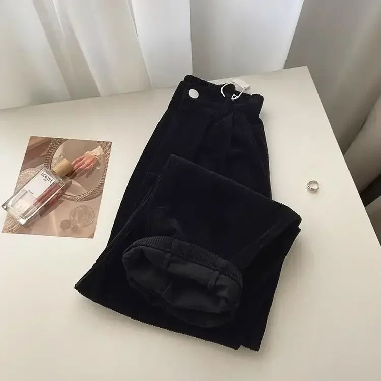 High Waisted Corduroy Trousers for Women | Relaxed Fit | Black