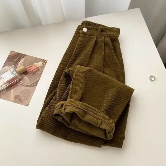 High Waisted Corduroy Trousers for Women | Relaxed Fit | Khaki