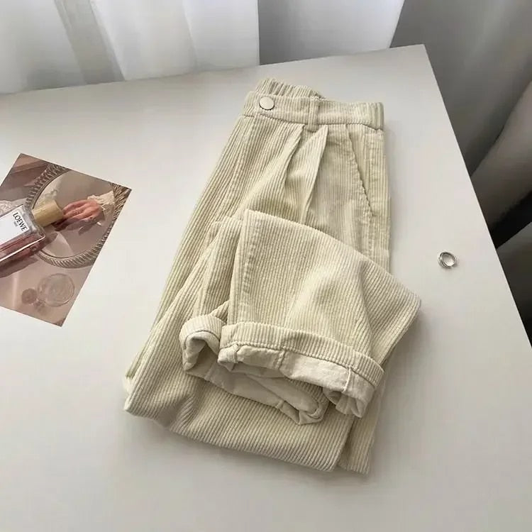 High Waisted Corduroy Trousers for Women | Relaxed Fit | White