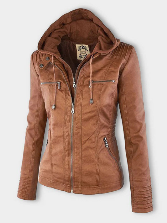 Hooded Leather Jacket for Women | Ribbed Profile | Khaki
