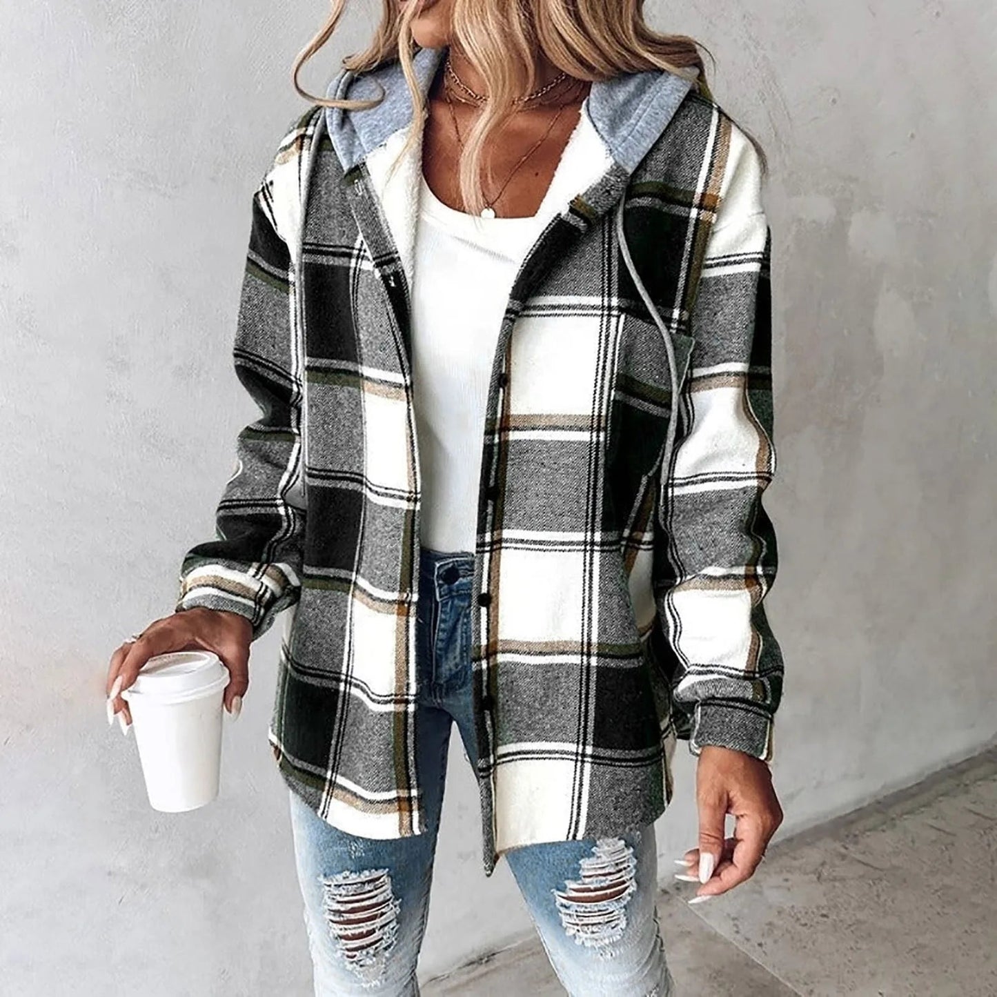 Hooded Women's Jacket, Relaxed Fit, Plaid Pattern | Black