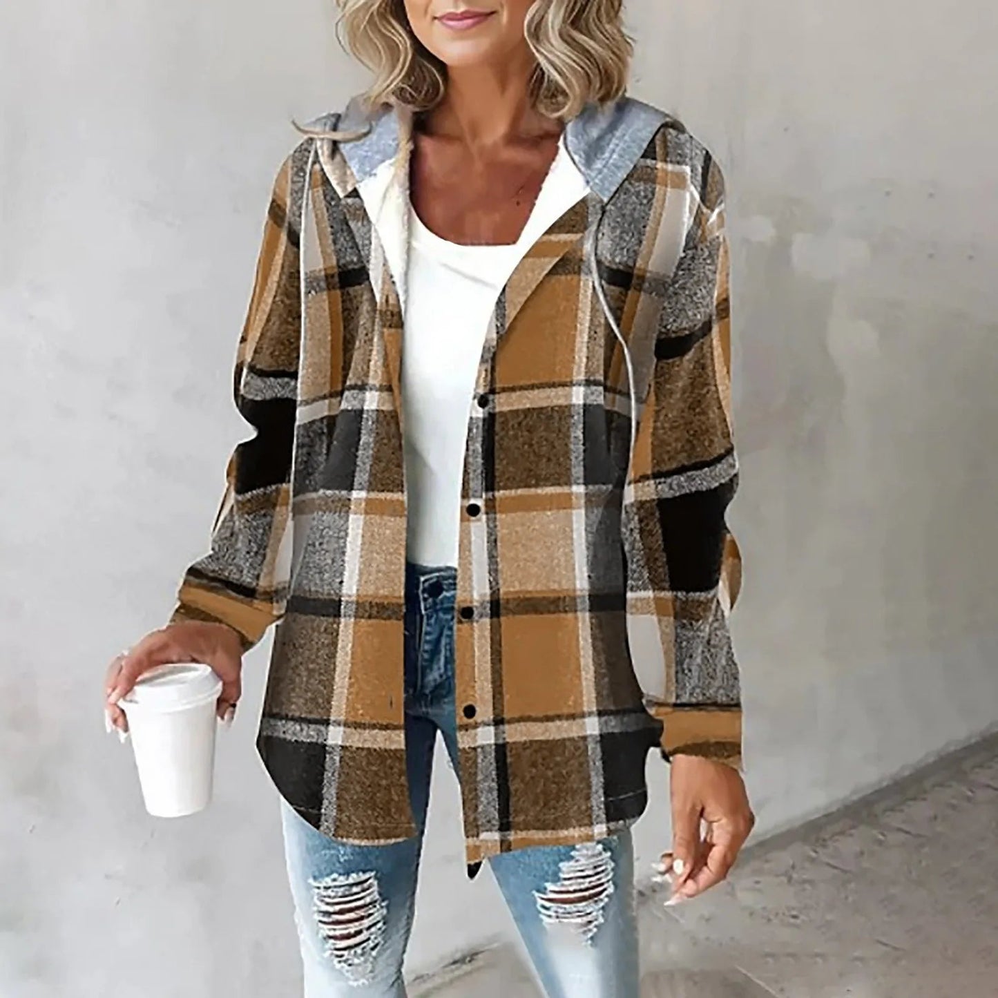 Hooded Women's Jacket, Relaxed Fit, Plaid Pattern | Brown