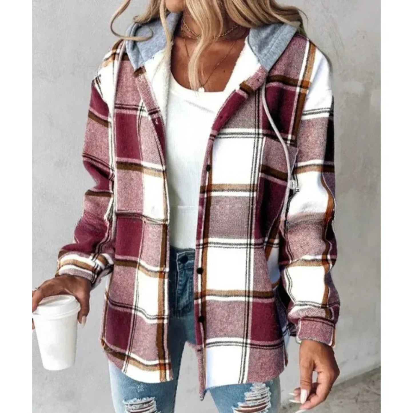 Hooded Women's Jacket, Relaxed Fit, Plaid Pattern | Dark Red