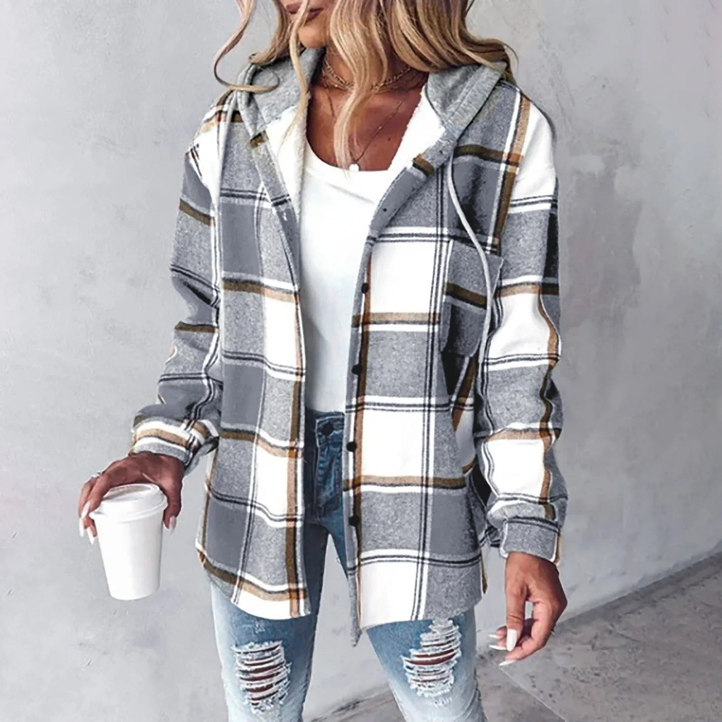 Hooded Women's Jacket, Relaxed Fit, Plaid Pattern | Gray