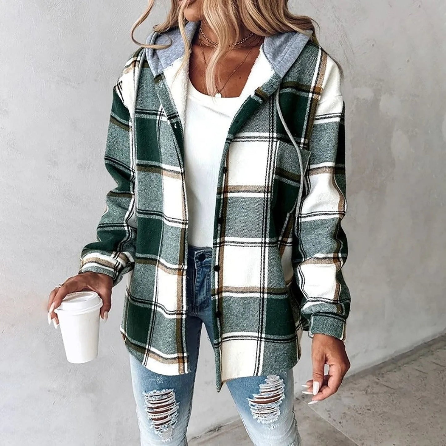 Hooded Women's Jacket, Relaxed Fit, Plaid Pattern | Green