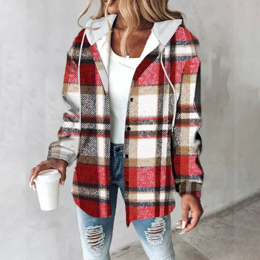 Hooded Women's Jacket, Relaxed Fit, Plaid Pattern | Red