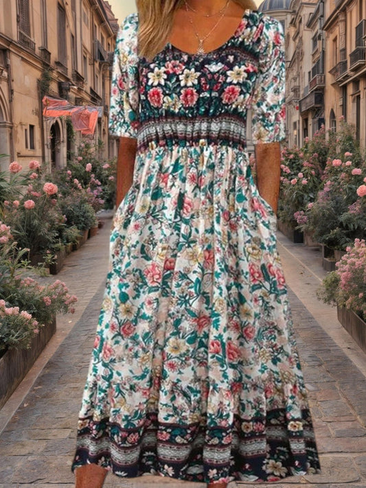 Ilse | Bohemian Floral Layered Dress for Women with Side Pockets and Square Cut | White