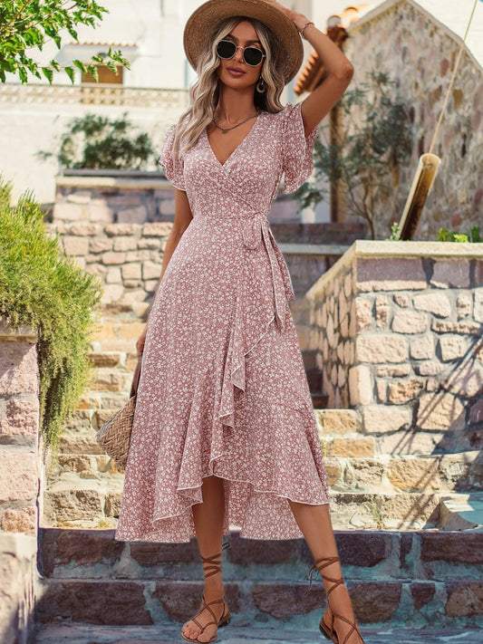 Indie | Women's A-Line Summer Dress with Floral Print and Lace-Up Detail | Pink Red