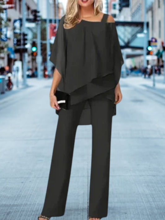 Ingeborg | Elegant Chiffon Evening Set with Modern Cut and Shoulder-Free Design | Black