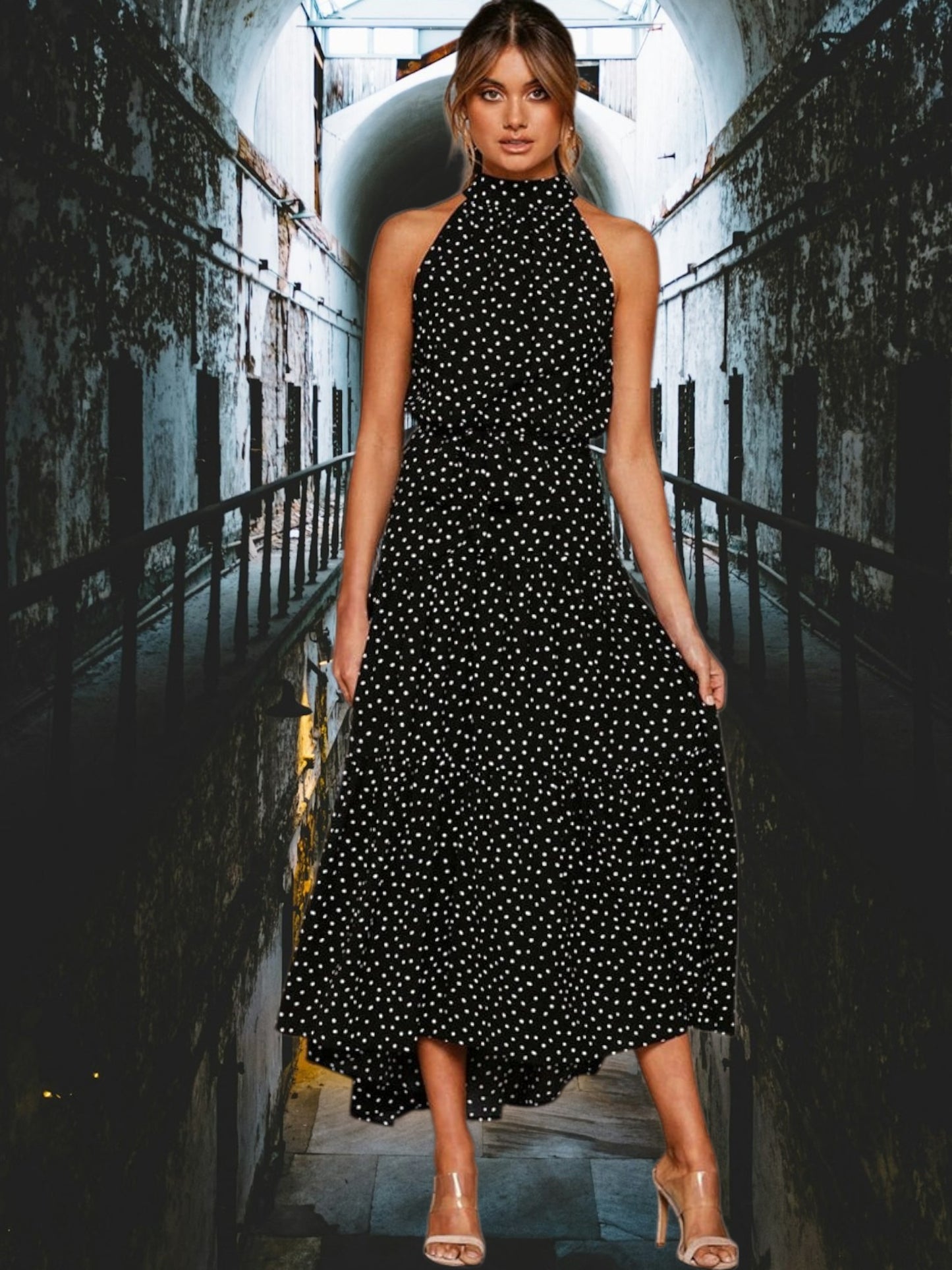 Ivory | Women's Polka Dot Midi Dress with Halter Neck and Waist Tie for Summer | Black