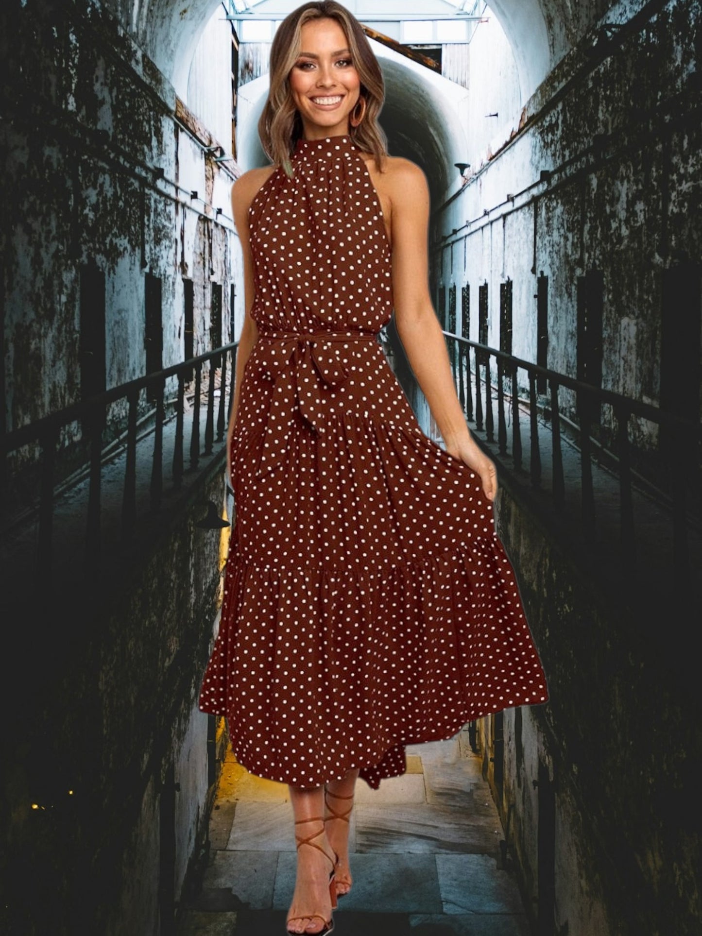 Ivory | Women's Polka Dot Midi Dress with Halter Neck and Waist Tie for Summer | Brown