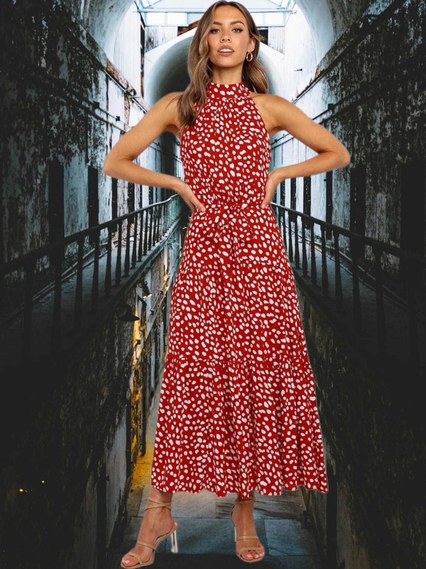 Ivory | Women's Polka Dot Midi Dress with Halter Neck and Waist Tie for Summer | Dark Red