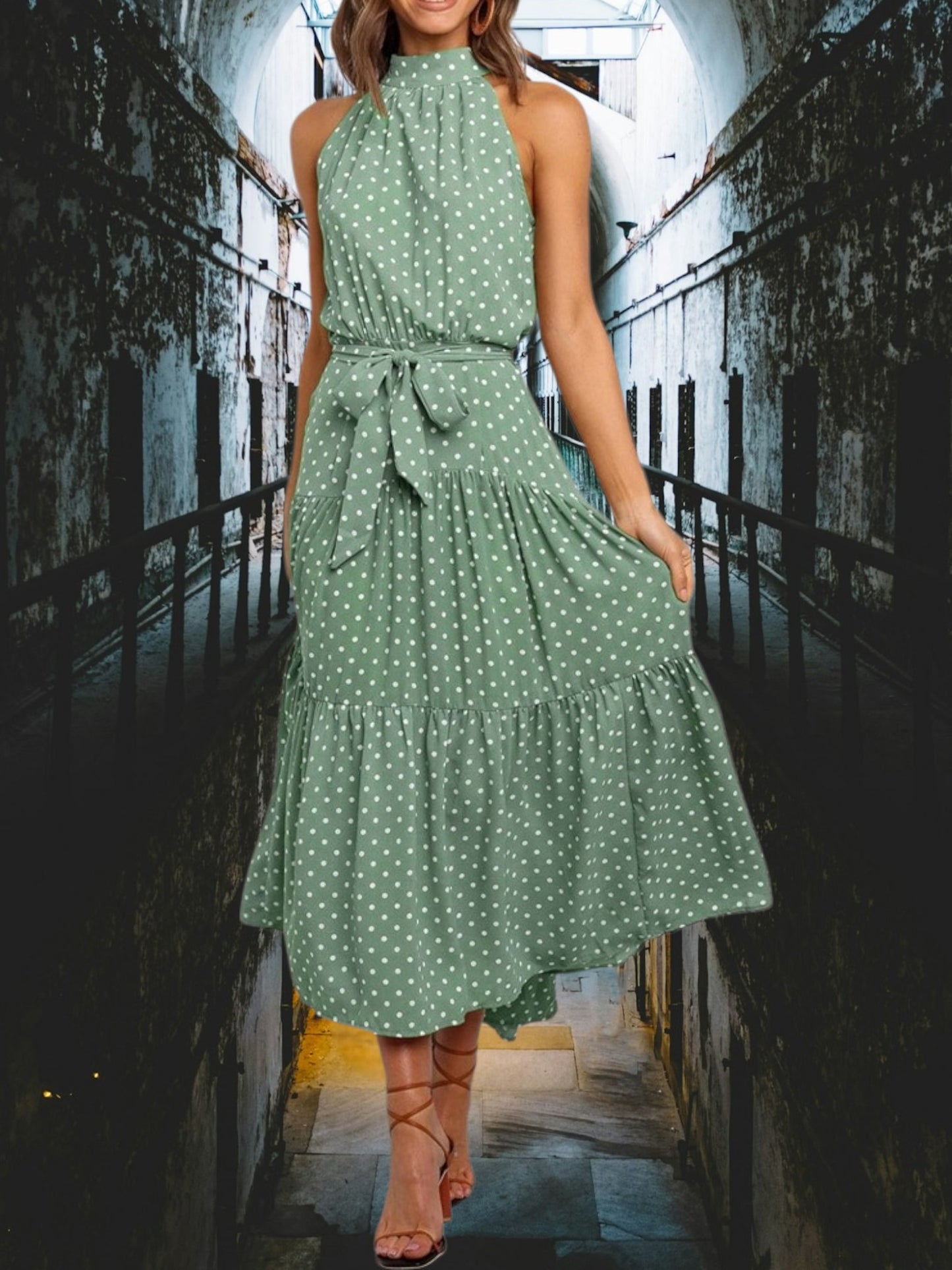 Ivory | Women's Polka Dot Midi Dress with Halter Neck and Waist Tie for Summer | Green