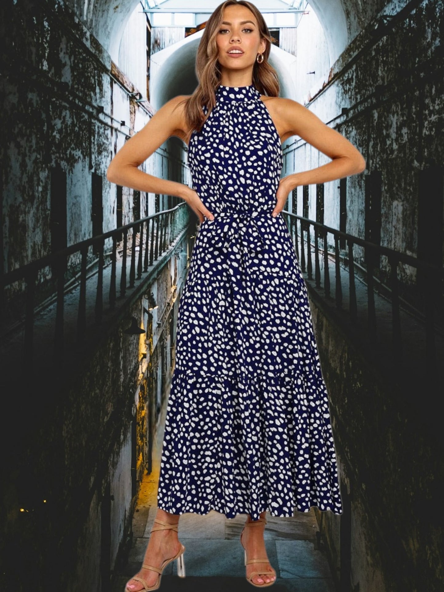 Ivory | Women's Polka Dot Midi Dress with Halter Neck and Waist Tie for Summer | Royal Blue