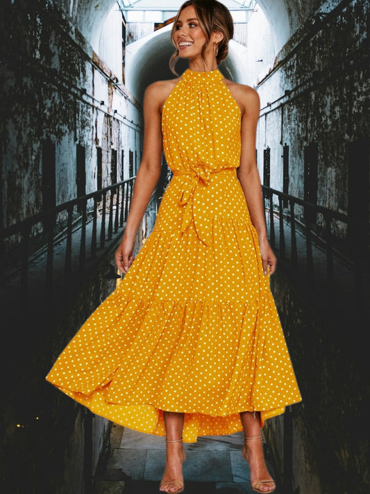 Ivory | Women's Polka Dot Midi Dress with Halter Neck and Waist Tie for Summer | Yellow