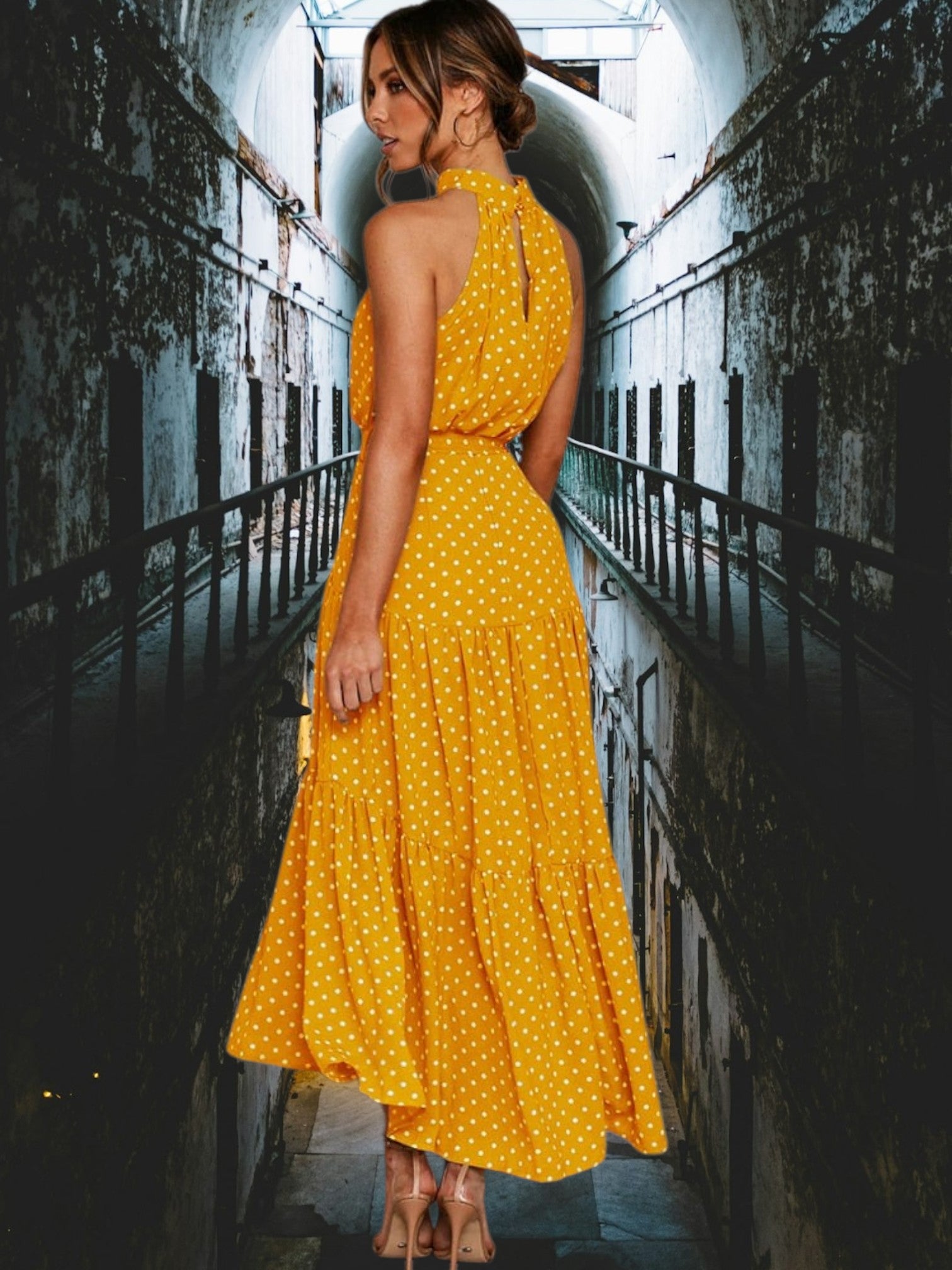 Ivory | Women's Polka Dot Midi Dress with Halter Neck and Waist Tie for Summer | Yellow 2