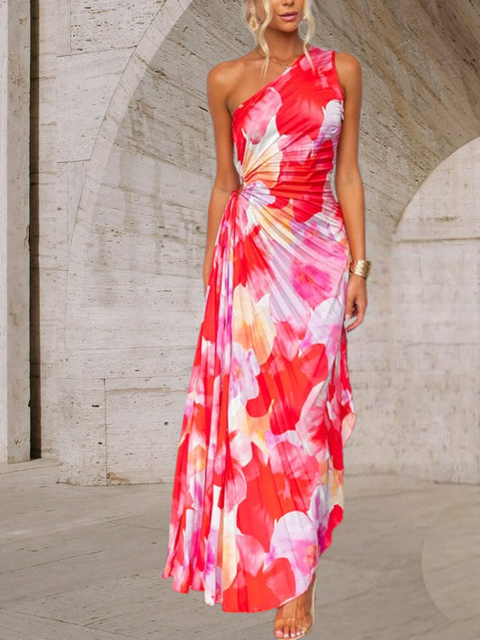 Katie | Elegant One-Shoulder Pleated Summer Dress with Asymmetric Hem for Wedding Guests | Pink - Red