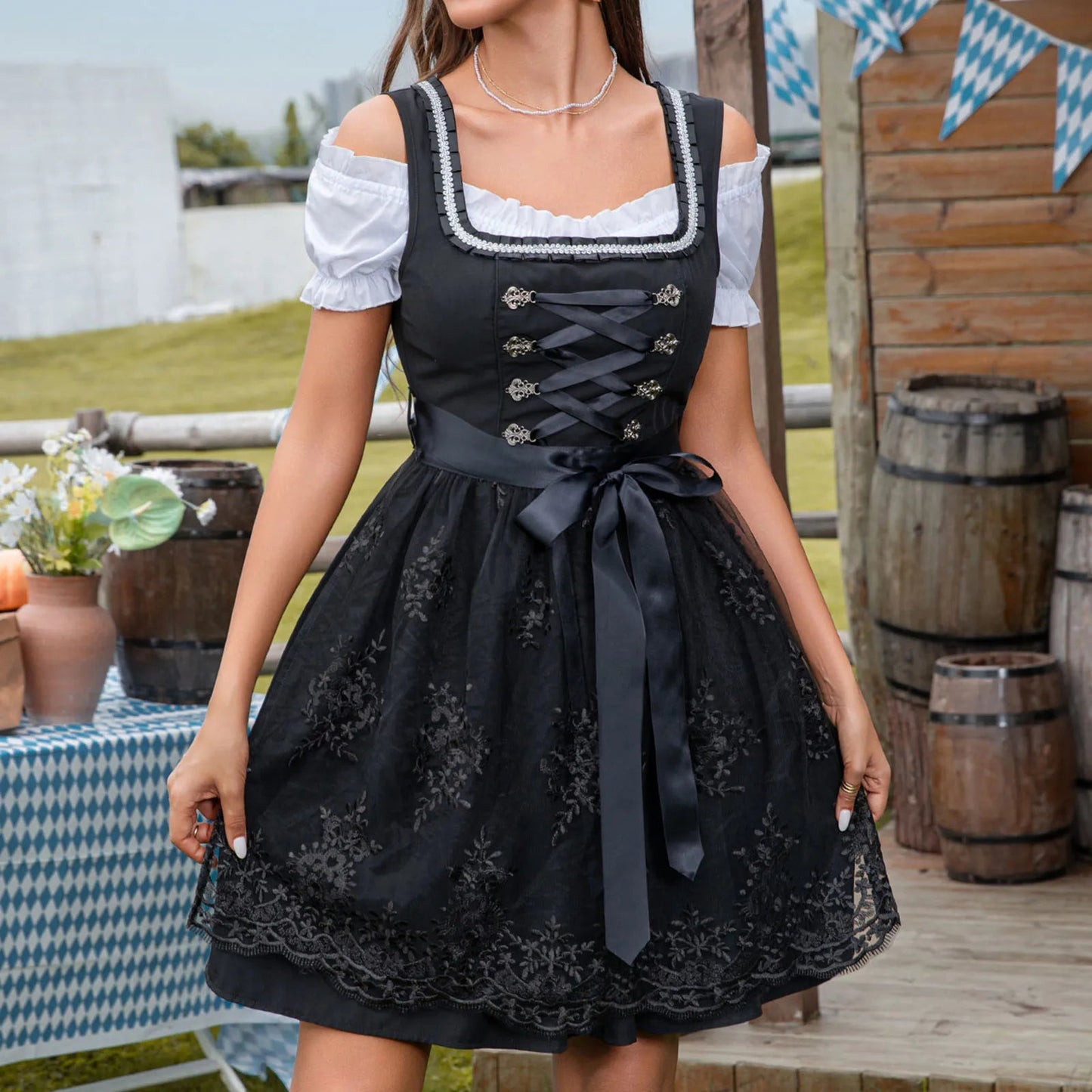 Knee-Length Dirndl Dress | Traditional Style | Oktoberfest | Black1