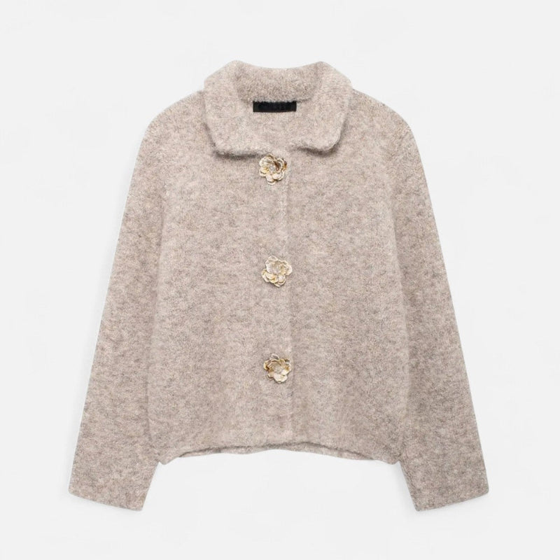 Knit Cardigan for Women, Floral Button Details | Hip-Length | Beige1