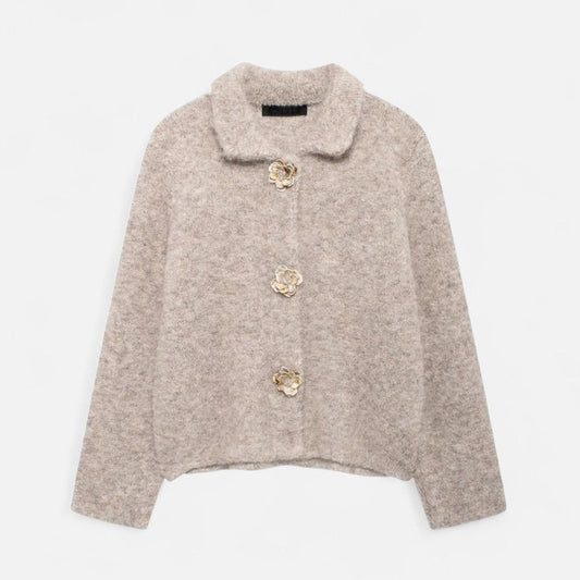 Knit Cardigan for Women, Floral Button Details | Hip-Length | Beige1