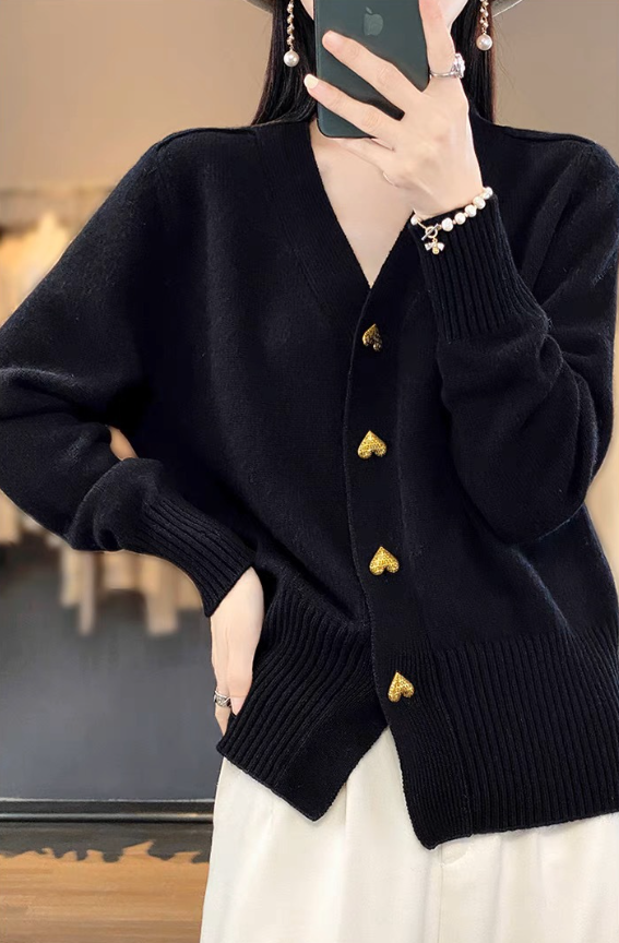 Knit Cardigan for Women | Soft Knit, Heart Buttons | Black