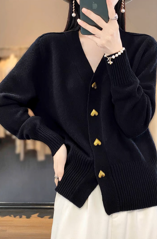 Knit Cardigan for Women | Soft Knit, Heart Buttons | Black