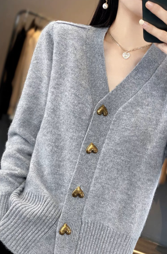Knit Cardigan for Women | Soft Knit, Heart Buttons | Gray