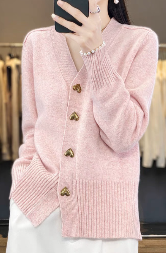 Knit Cardigan for Women | Soft Knit, Heart Buttons | Pink