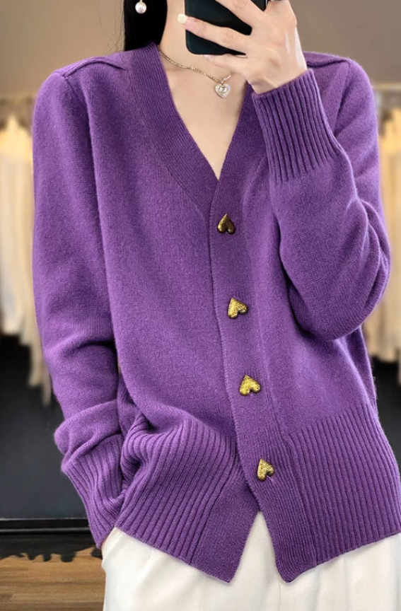 Knit Cardigan for Women | Soft Knit, Heart Buttons | Purple